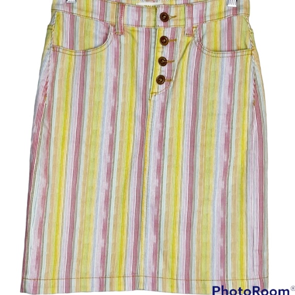 Anthropologie Maeve Striped Stretch Denim Pencil Skirt w/ Brown Buttons Size 10 - Picture 6 of 7